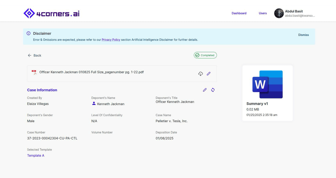4Corners Legal AI Deposition Summarizer Interface